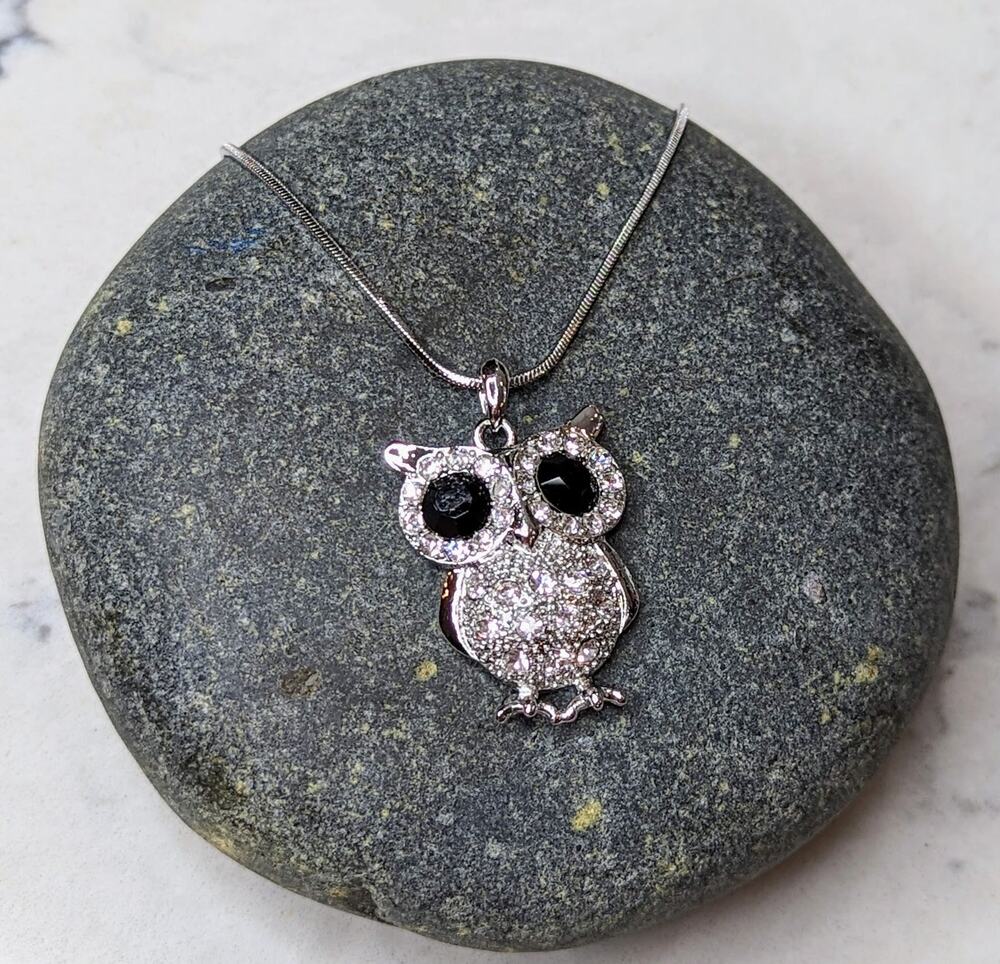 Large Owl Necklace White Gold Plated Pendant with Crystals NEW